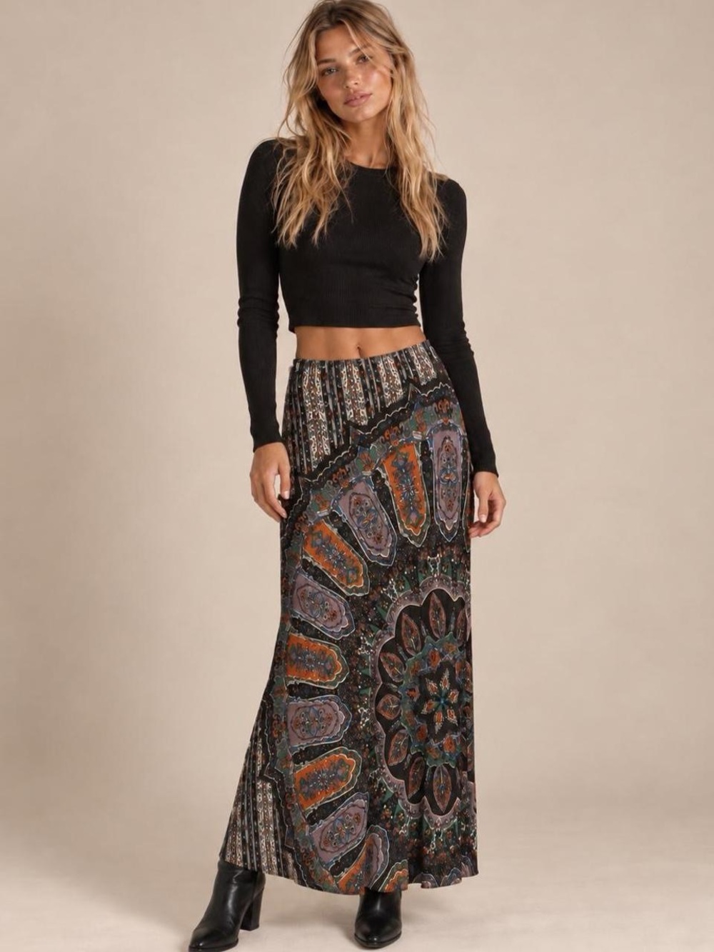 Novella Royale Bohemian Black Mosaic Print Maxi Skirt